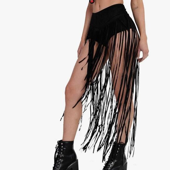 iHeartRaves Black High Waisted Cowgirl Festival Fringe Bottoms Skirt Size Large - Picture 4 of 14